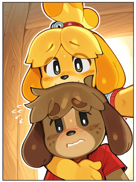 (masterpiece, best quality, very aesthetic, absurdres, artist:wamudraws, shaded, yellow, star pattern, background, white border, backlighting) female/male, duo, isabelle \(animal crossing\), digby \(animal crossing\), clothed, selfie, side to side, embrace, front view, pose, embarrassed, happy <lora:Wamudraws_Style_Ill:1>