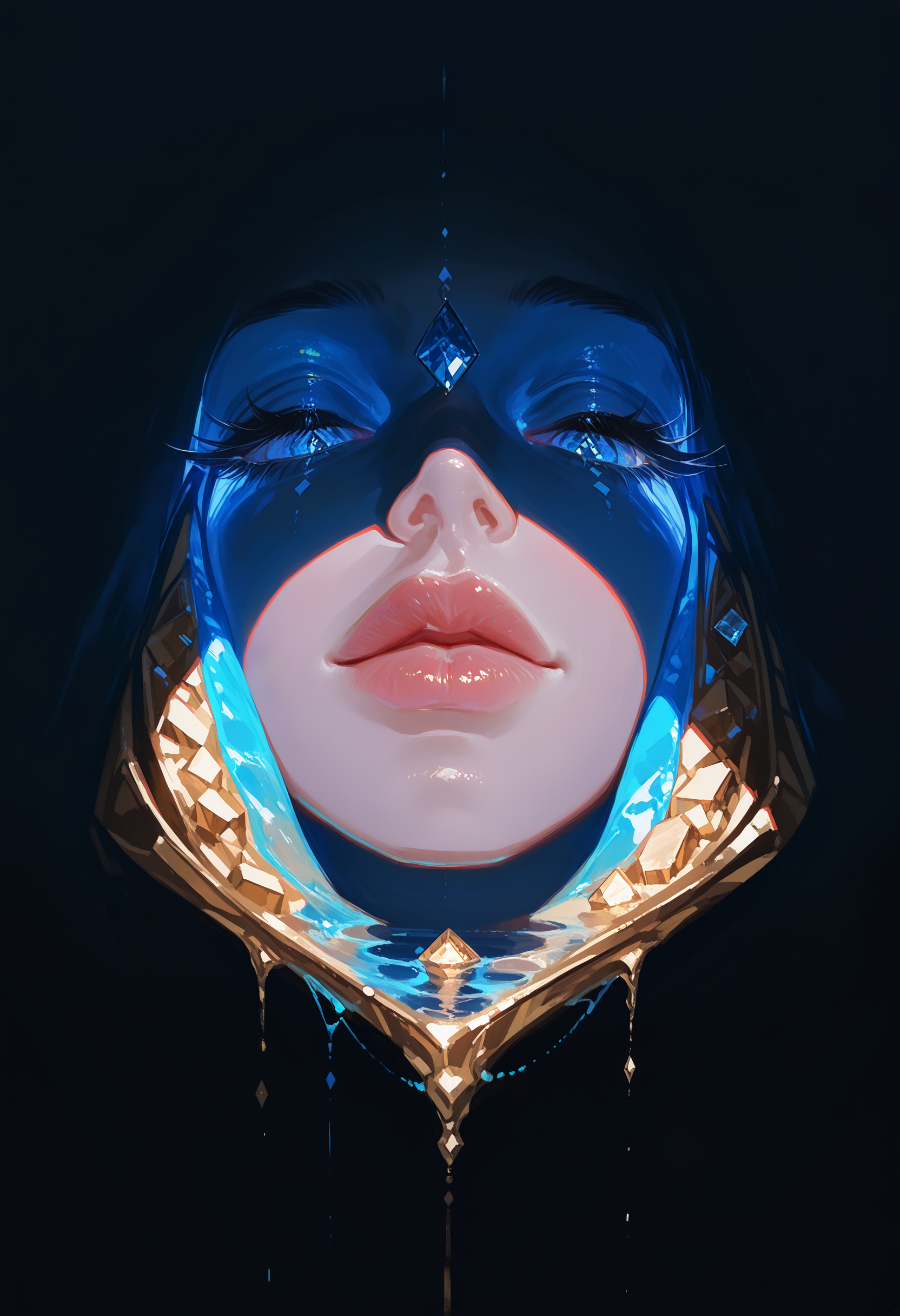 masterpiece, best quality, good quality, very aesthetic, absurdres, newest, solo, closed_eyes, food, lips, no_humans, shadow, gem, facing_viewer, crystal, gold, still_life, surreal, diamond_\(gemstone\),Skin peeling,Pale skin,water, Extreme Close-Up,gobo lighting, shadows,
Cool And Blue Lighting, <lora:ponyv4_noob1_2_adamW-000017:0.7> <lora:USNR_STYLE_XL_lokr:1> <lora:GOBOLightingILL:0.7>