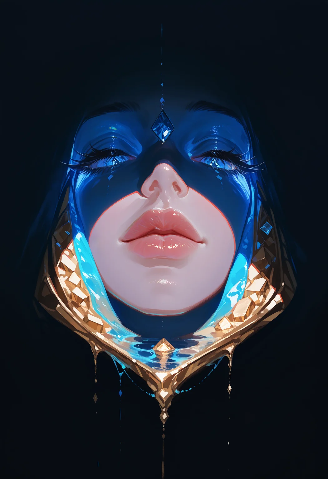 masterpiece, best quality, good quality, very aesthetic, absurdres, newest, solo, closed_eyes, food, lips, no_humans, shadow, gem, facing_viewer, crystal, gold, still_life, surreal, diamond_\(gemstone\),Skin peeling,Pale skin,water, Extreme Close-Up,gobo lighting, shadows,
Cool And Blue Lighting, <lora:ponyv4_noob1_2_adamW-000017:0.7> <lora:USNR_STYLE_XL_lokr:1> <lora:GOBOLightingILL:0.7>