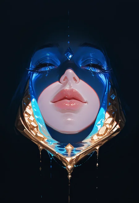 masterpiece, best quality, good quality, very aesthetic, absurdres, newest, solo, closed_eyes, food, lips, no_humans, shadow, gem, facing_viewer, crystal, gold, still_life, surreal, diamond_\(gemstone\),Skin peeling,Pale skin,water, Extreme Close-Up,gobo lighting, shadows,
Cool And Blue Lighting, <lora:ponyv4_noob1_2_adamW-000017:0.7> <lora:USNR_STYLE_XL_lokr:1> <lora:GOBOLightingILL:0.7>