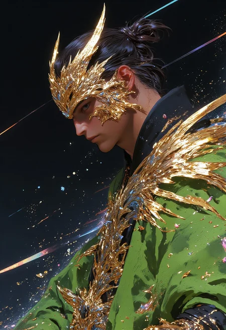 A hyper-realistic, Cinematic style, mythp0rt, close-up three-quarter profile portrait (60-degree angle, facing right) of a clean-shaven man with a strong, masculine jawline, wearing a traditional samurai robe in vibrant fluorescent green. The robe features intricate golden patterns that shimmer with subtle radiance under the lighting, contrasting sharply with the glowing green fabric. His long, dark hair is pulled back into a sleek man bun, accentuating his defined features. He wears an intricate golden eagle-shaped mask, beautifully detailed with lifelike feathers that fan out from the sides. The mask’s beak is slightly open, lending him a fierce, commanding presence, while the feathers catch the light with hints of metallic gleam. The background is a vast, dark expanse of space, dotted with stars and glowing nebula clouds in hues of blue, purple, and soft pink, creating an otherworldly aura that accentuates the surreal, cosmic setting. Starlight subtly reflects off his mask and the vibrant green robe, emphasizing the intricate textures of both. The precise, dramatic lighting illuminates every detail, from the delicate feathers on the mask to the rich texture of the golden embroidery, capturing the depth and intensity of his gaze against the infinite, mysterious backdrop of the cosmos.