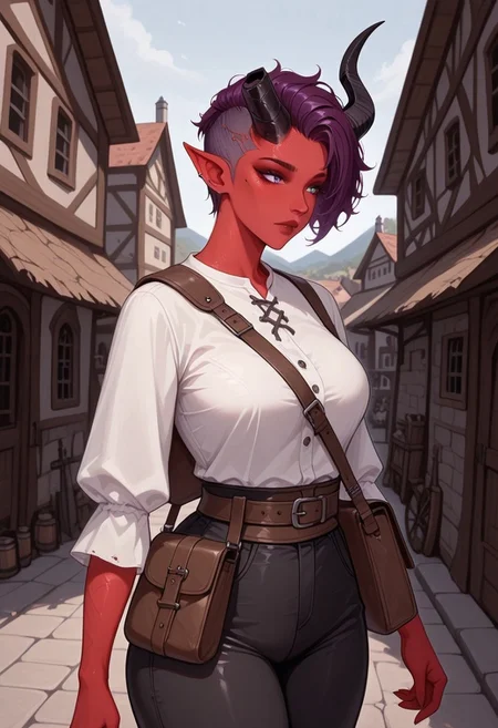masterpiece, best quality, absurdres, artist:moriimee,
1girl, solo, tiefling, red skin, black horns, broken horn, short hair, purple hair, undercut,
white shirt, brown satchel, black pants,
medieval, fantasy,
outdoors, village