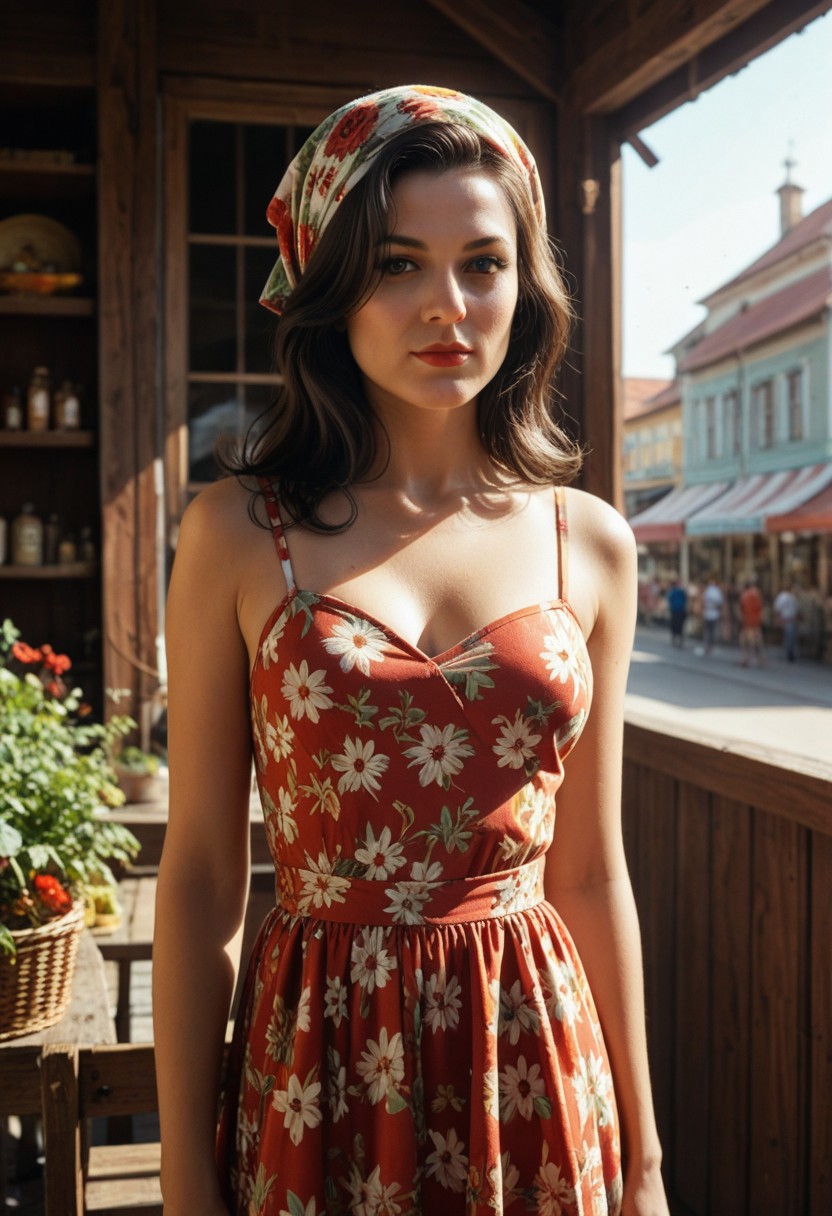 score_9, score_8_up, score_7_up (best quality high quality, sharpness), Soviet 1960s Kolkhoz cooperative market in a small town, 1girl, Miranda Lawson, woman in floral headscarf and modest dress selling vibrant produce, shot on Kodachrome film, golden morning sunlight streaming through market windows, f/2.8 aperture, cinematic, hyper-detailed textures, deep shadows, rich colors, picture taken in the style of william-eggleston using Kodachrome film, retro artstyle, knva, halftone effect