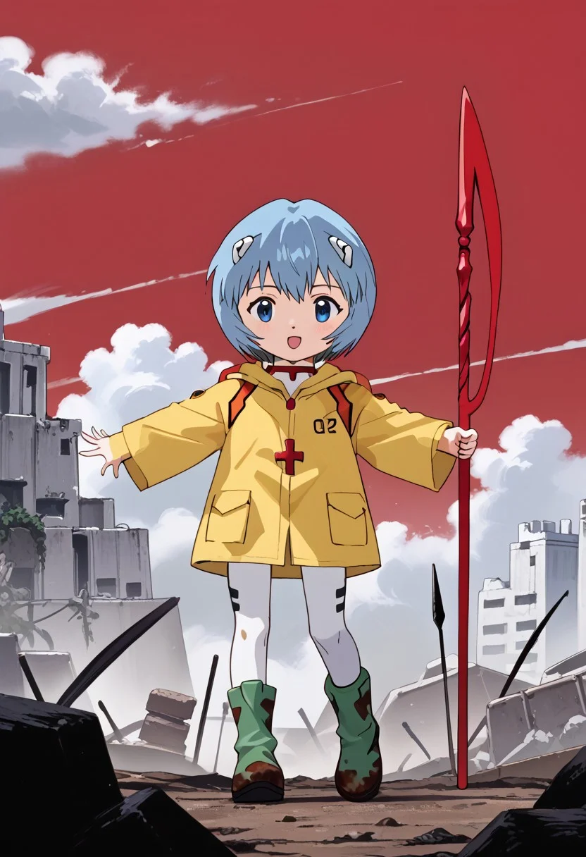 score_9, score_8_up, score_7_up,
highres, highly detailed, high resolution, high quality,
source_anime, anime screencap, saturation, vivid colors,
1girl, solo, luce, full body, standing, action. dynamic pose,
light blue hair, big dark blue eyes, short hair, cute,
(long yellow raincoat:1.1), dirty green rubber boots,
cross on the neck,
reiayanamicosplay, ayanami rei \(cosplay\), bodysuit, headgear, plugsuit, white bodysuit,
holding red spear, evangelion spear, Spear of Longinus,
epic Sci-fi battle background, detailed ruined city background, outdoors, cloudy sky, battle, ruins, dust, red sky, b4ttl3f13ld,
BREAK
sahaquiel \(evangelion\), no human, alien, spread arms, floating, center eye, monster