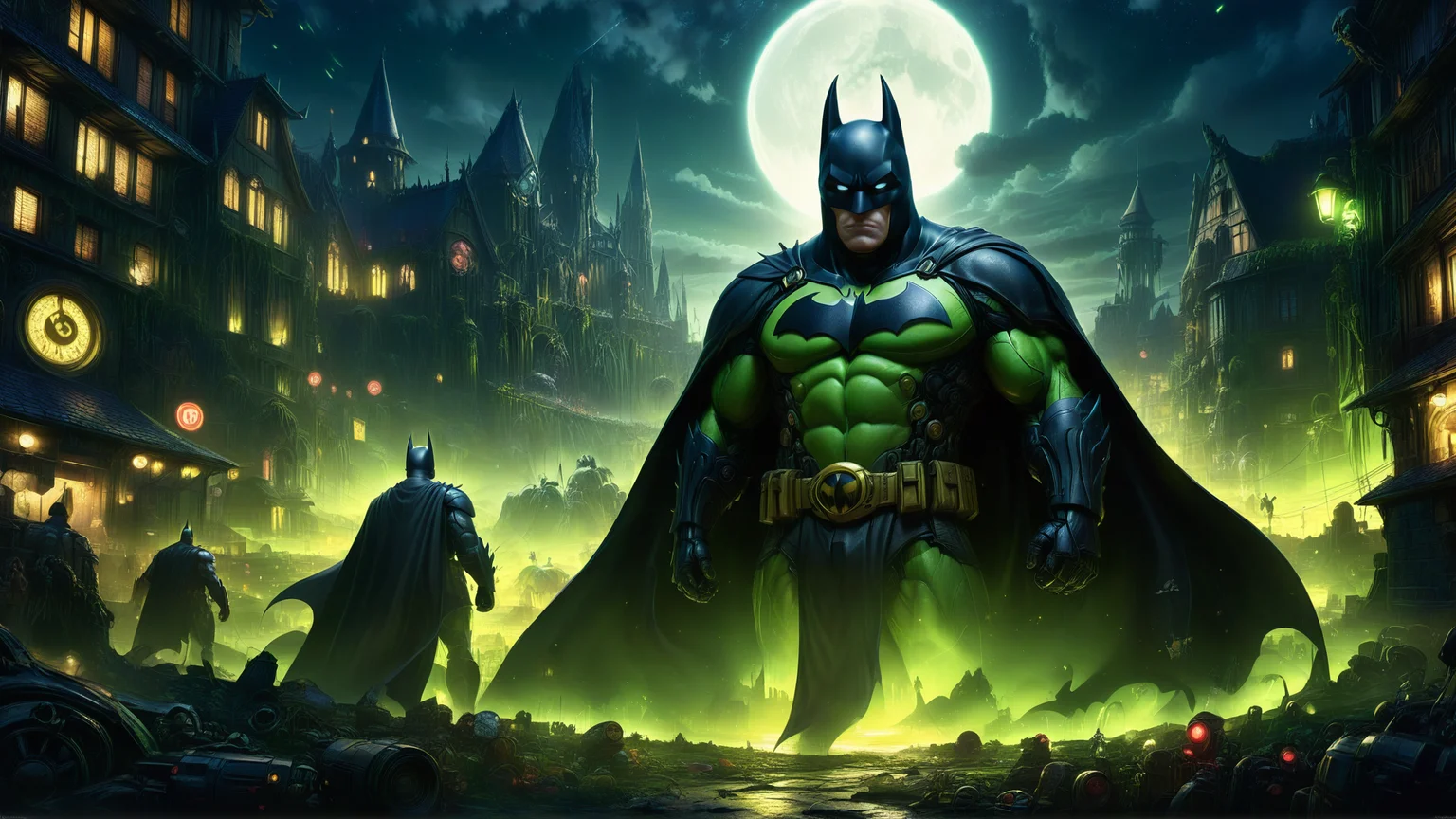 Dark and gritty crossover illustration of Batman and Shrek, realistic style, intense lighting, highly detailed characters by Alex Ross and William Joyce. <lora:SDXLFaeTastic2400:0.8> <lora:detailed_notrigger:0.8>   <lora:PE_AnimeBG:0.8> PEAnimeBG, Background, anime, scenery  <lora:ral-anmwrlds-sdxl:0.8> ral-anmwrlds