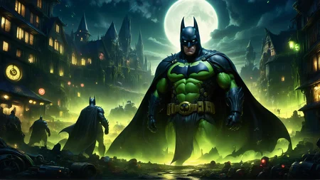 Dark and gritty crossover illustration of Batman and Shrek, realistic style, intense lighting, highly detailed characters by Alex Ross and William Joyce. <lora:SDXLFaeTastic2400:0.8> <lora:detailed_notrigger:0.8> <lora:PE_AnimeBG:0.8> PEAnimeBG, Background, anime, scenery <lora:ral-anmwrlds-sdxl:0.8> ral-anmwrlds