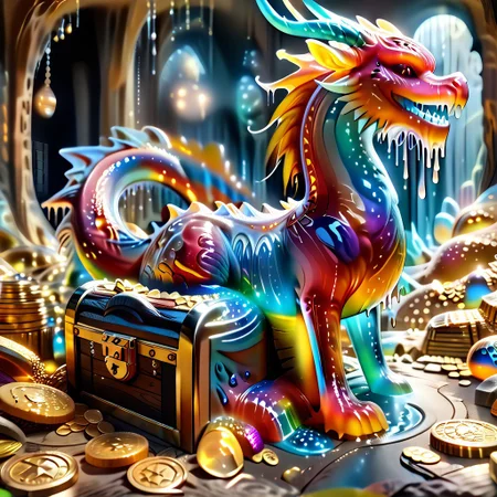 1dragon, highly detailed blue dragon, blue dragon made out of slime, scaly blue slime dragon, slime dragon with red eyes, blue slime dragon laying in its hoard, blue slime dragon with wings, dragon wings,
multi-colored gems made out of slime, in a room of treasure made out of slime, gold coins and bars made out of slime, wood-like treasure chest made out of slime, wood-colored slime chest, individual coins made out of slime, gold slime coins, piles of coins,
treasure-room, treasure, treasure chest, gemstone, coins, gold bars, gold pile,
everything made of slime, No simple background,
((translucent slime)), ((transparent slime)), (bioluminescent slime), sl1m3, slime, ais-blmn, watce, je11y, thickwater, great lighting, ral-lava, even lighting, no bright spots,