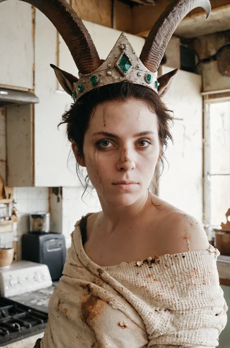 analog photography aesthetic,film grain texture, detailed closeup (to be defined),(ibex wearing crown),J.M.W. Turner,The Earthen Soul,spontaneous portraiture,on a post-apocalyptic kitchen,off-the-shoulder cream sweater loosely draped over her left shoulder