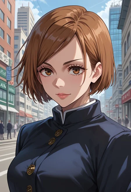 anime artwork, score_9, score_8_up, score_7_up, score_6_up, score_5_up, solo, perfect eyes, detailed eyes, beautiful female, detailed face, dynamics lines, 20 year old, perfect beautiful face, long eyelashes, sharp eyes pupils, city, (upper body:1.5), smile, medium breasts, wide hips, hips,,1 girl, nobara, brown hair, short hair, brown eyes, school uniform, black jacket, brown belt, black skirt