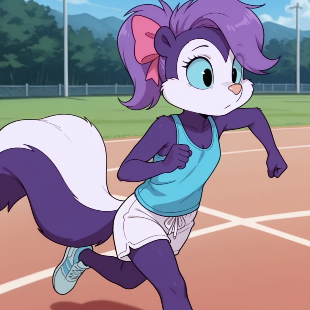 masterpiece, best quality, amazing quality, fifittail, anthro, female, skunk, purple fur, purple hair, black eyes, blue sclera, pink bow, blue tank top, white shorts, jogging, outside