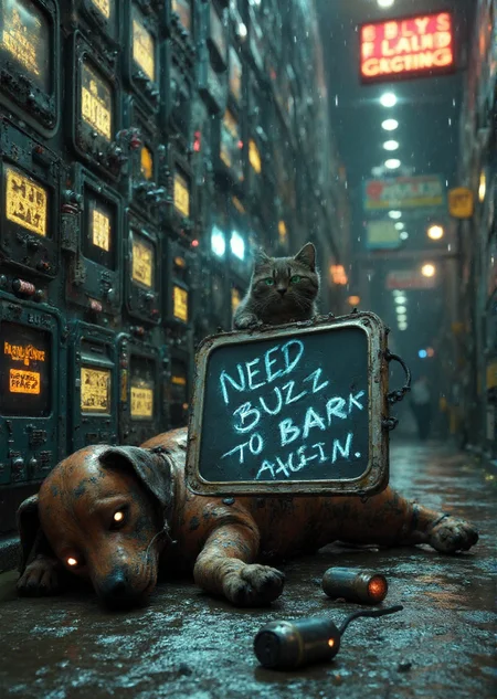 A rusted, retro-futuristic robot dog slumps in a rain-soaked alley, its copper-plated body dented and one ear missing. A flickering holographic eye projects a faint SOS signal onto the wet pavement, while its jagged tail twitches sporadically, emitting weak sparks.

Around its neck hangs a cracked chalkboard with the words ‘NEED BUZZ TO BARK AGAIN.’ scrawled in glowing neon chalk. The chalkboard’s edges drip with rainwater, blurring the letters slightly. Behind it, a towering wall of obsolete circuit boards and broken screens looms, their static-filled displays reflecting distorted ads for "BUZZ" in cryptic symbols.

A single working outlet glows faintly on the wall, its cord severed and dangling just out of the robot’s reach. A stray cat perches atop a pile of discarded batteries, staring at the robot with unreadable green eyes. 