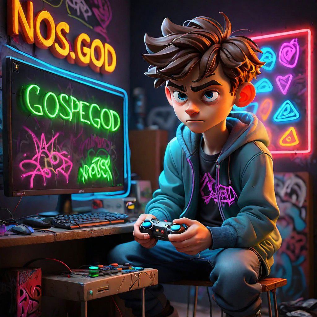 pc gamer boy , using controller , graffiti neon images of a neon lit sign with the text 'NoScopeGOD'