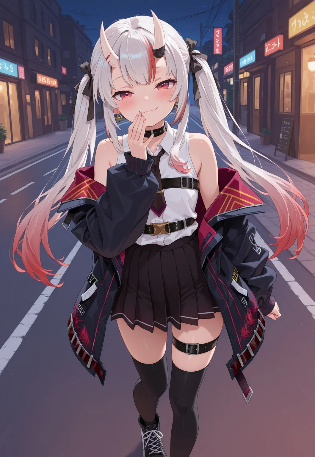 masterpiece, best quality, amazing quality, masterpiece, High quality, Ultra detailed, 2d, newest, absurdres, highres,outdoors, street, night, looking at viewer, smile, smug, hand to mouth, 1girl, solo, nakiri ayame, oni, oni horns, white hair, red hair, streaked hair, gradient hair, red eyes, ayamestreetwear, long hair, twintails, hair ribbon, black ribbon, white shirt, sleeveless shirt, chest belt, necktie, black jacket, off shoulder, choker, black skirt, pleated skirt, black thighhighs, black footwear, thigh strap,