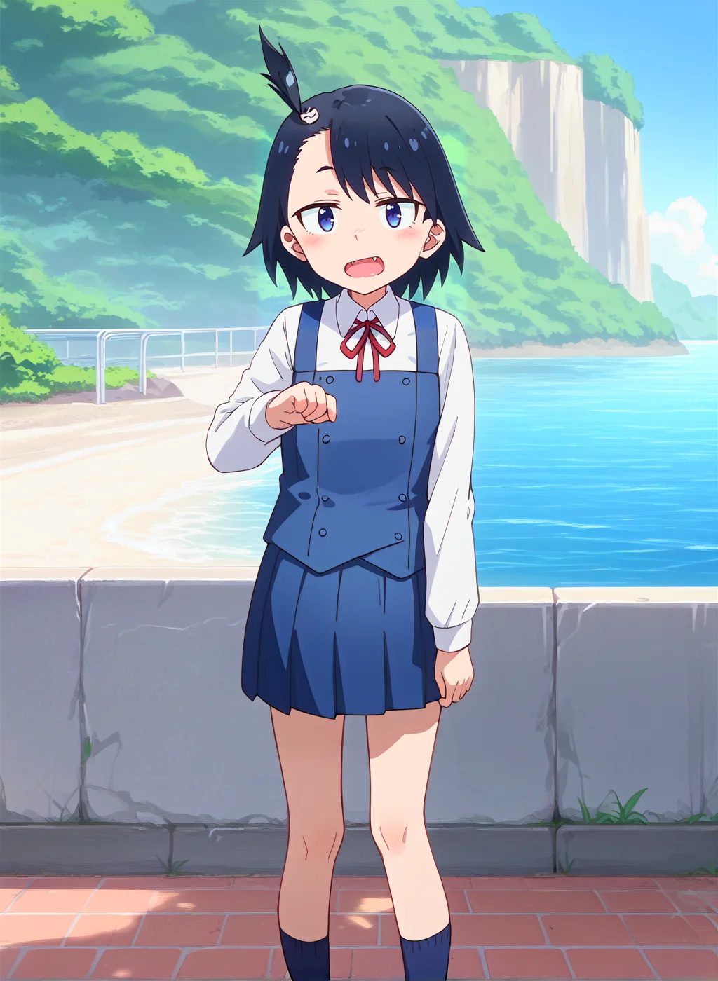 score_9,score_8_up,score_7_up,source_anime,anime,nsfw,rating_explicit,uncensored,High quality,Ultra detailed,best quality,insanely detailed,beautiful,masterpiece,perfect lighting BREAK
<lora:hodaka_natsumi_V1:1>,(hodaka_natsumi, black hair, short hair, blue eyes, hair ornament,one side up, fang,intermediate uniform,neck ribbon,white shirt,collared shirt,long sleeves, vest,blue skirt, pleated skirt, blue socks,sneakers),1girl,solo,blush,standing,outdoors,sea,embankment,looking_at_viewer,front view,