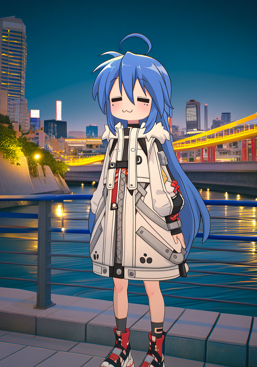 newest, masterpiece, best quality, <lora:zzz3d_vpred:0.8>, (3d:0.8), simple background, blurry background, very aesthetic, mixed media, photo background, very awa, perfect composition
BREAK
outdoors, bridge, river, city lights, night, cityscape,
BREAK
1girl, solo, zenless zone zero, izumi konata, full_body, standing,  parka,  long hair, blue hair, =_=, :3, v