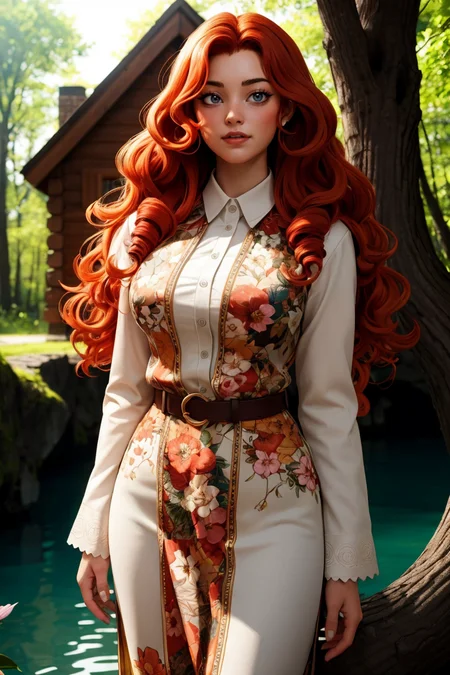 1girl, big hair, curly hair, long hair, long sleeves, looking at viewer, orange hair, red hair, ringlets, shirt, solo, wavy hair, lake, nature, dappled sunlight, flower, tree, cabin, 
masterpiece, best quality, intricate details, <lora:backlight_slider_v10:-0.5> <lora:contrast_slider_v10:3>      <lora:weight_slider_v2:0.7>