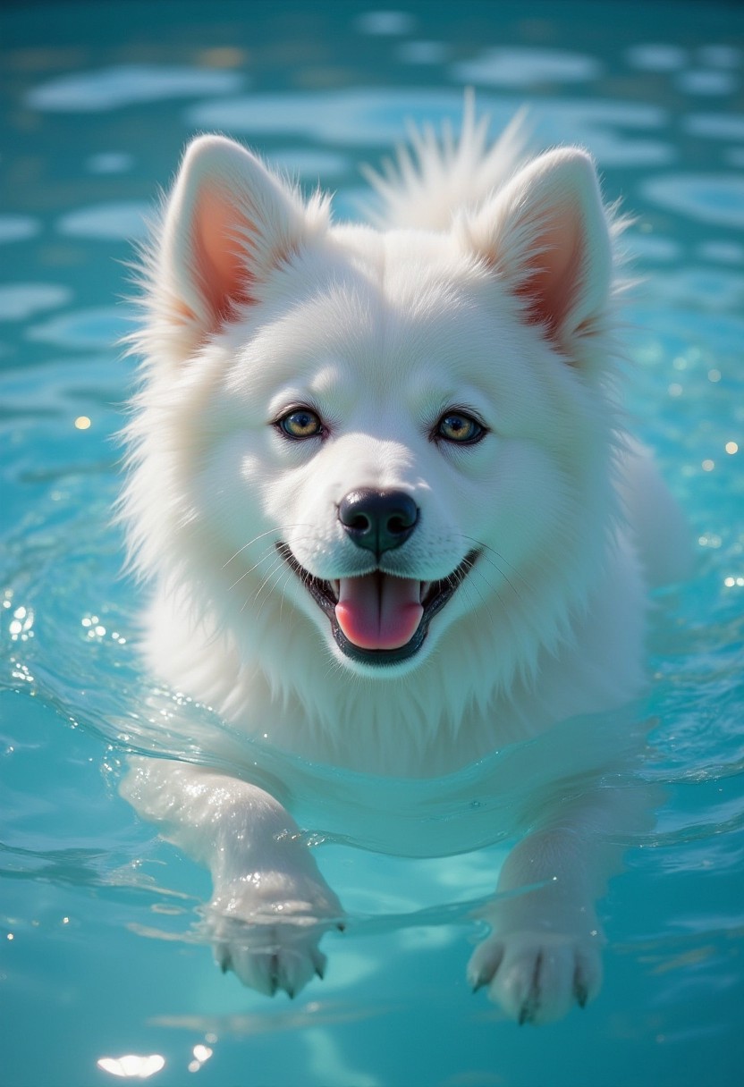 An adorable Samoyed pup gliding through the pool, captured in stunning detail and soft aesthetics.