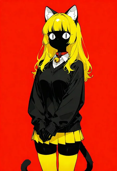 masterpiece, best quality, good quality, very awa, very aesthetic, absurdres, newest, 1girl, <|> <|>, animal ears, bell, black skin, black sweater, medium breasts, blending, blunt bangs, cat ears, cat girl, cat tail, collar, collared shirt, colored skin, front view, hair intakes, jingle bell, limited palette, long hair, long sleeves, looking at viewer, miniskirt, neck bell, no mouth, own hands together, partially colored, pleated skirt, red background, shirt, simple background, skirt, sleeves past wrists, slit pupils, solo, standing, sweater, tail, thighhighs, white eyes, yellow hair, yellow, yellow thighhighs, toon (style)