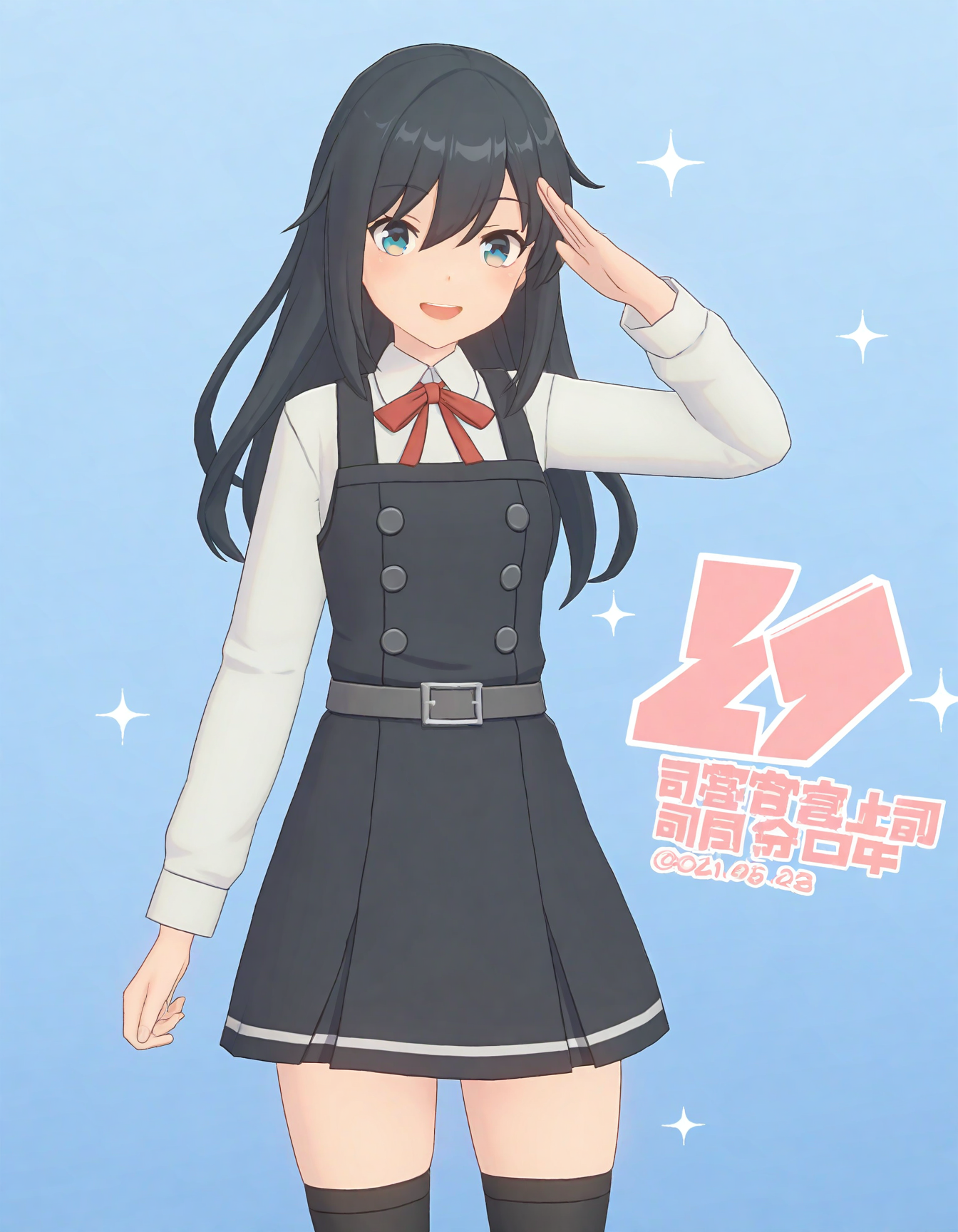 1girl, solo, asashio (kancolle), long hair, pinafore dress, black hair, dress, long sleeves, asashio kai ni (kancolle), shirt, white shirt, blue eyes, thighhighs, ribbon, red ribbon, black thighhighs, salute, dated, open mouth, smile, neck ribbon, belt, hair between eyes, twitter username, happy birthday, buttons, cowboy shot, sparkle, black dress, looking at viewer, blue background, school uniform masterpiece,best quality,zzzstyle,<lora:zzz_style_noob_eps1.1:0.8>,