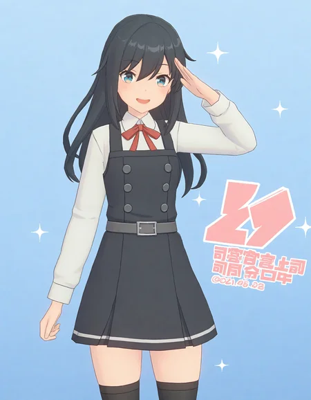 1girl, solo, asashio (kancolle), long hair, pinafore dress, black hair, dress, long sleeves, asashio kai ni (kancolle), shirt, white shirt, blue eyes, thighhighs, ribbon, red ribbon, black thighhighs, salute, dated, open mouth, smile, neck ribbon, belt, hair between eyes, twitter username, happy birthday, buttons, cowboy shot, sparkle, black dress, looking at viewer, blue background, school uniform masterpiece,best quality,zzzstyle,<lora:zzz_style_noob_eps1.1:0.8>,