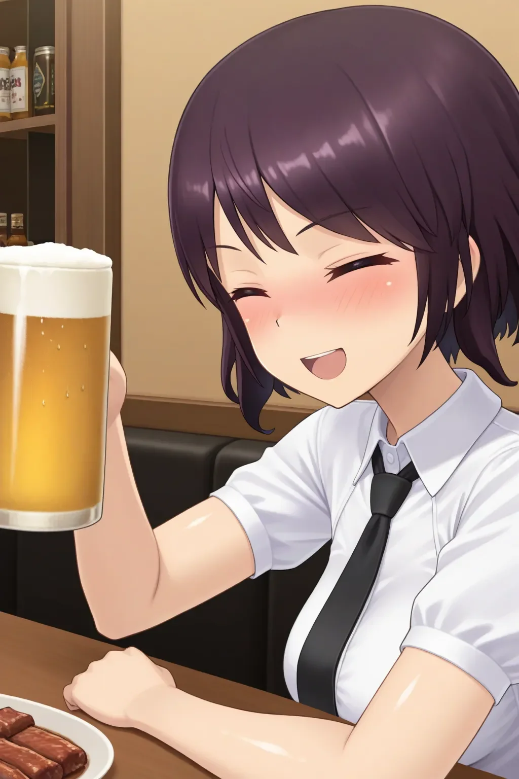 masterpiece, best quality, alicegear_serina_ilxl <lora:alicegear_serina_ilxl:0.85>1girl, solo, smile, looking at viewer, shiny skin, Izakaya, indoor, blush, open mouth, white shirts, sitting, beer, black tie, closed eyes, screaming, Being drunk, holding beer, from side