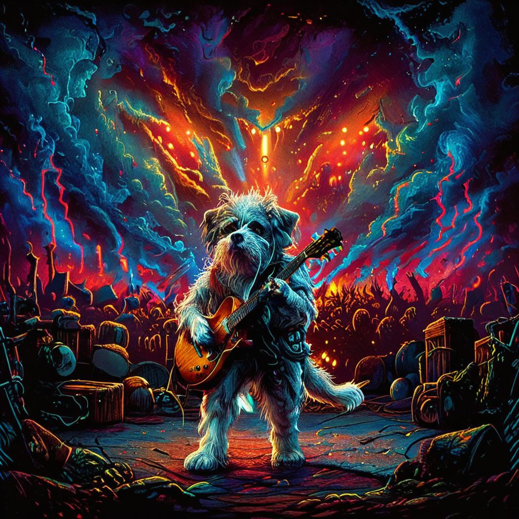 <lora:ZIP_SDXL:1> Hey dog looking at the viewer Walking on stage playing his guitar  <lora:1980s_Fantasy_Style_test_2:0.8> 1980s Fantasy Style, vivid color <lora:Rock_Concert:0.8> r0ckc0ncert, on stage, light show, smoke, band, instruments <lora:tbh160-sdxl:0.8> style of Dan Mumford