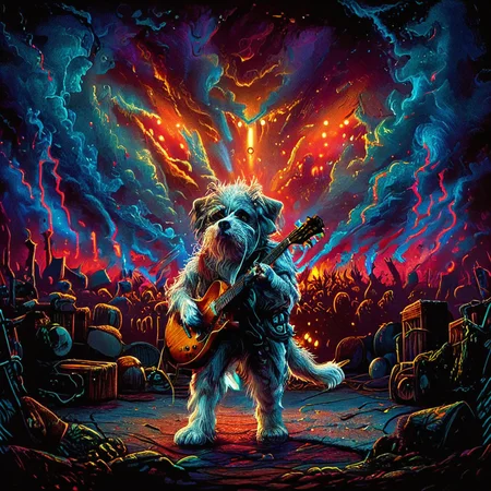 <lora:ZIP_SDXL:1> Hey dog looking at the viewer Walking on stage playing his guitar <lora:1980s_Fantasy_Style_test_2:0.8> 1980s Fantasy Style, vivid color <lora:Rock_Concert:0.8> r0ckc0ncert, on stage, light show, smoke, band, instruments <lora:tbh160-sdxl:0.8> style of Dan Mumford