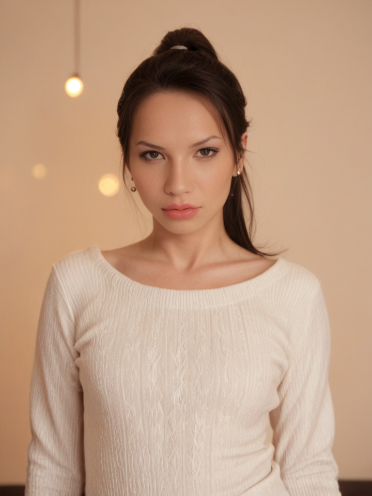 score_9, score_8_up, score_7_up, SabrinaK4mo3i, Sabrina Kamoei, <lora:SabrinaK4mo3i-pony:1>,1girl, makeup, lips, high ponytail hair, dark hair, big lips, white sweater, solo, looking at viewer, bokeh, focus, film, velvia, artistic, best quality, photograph, focus