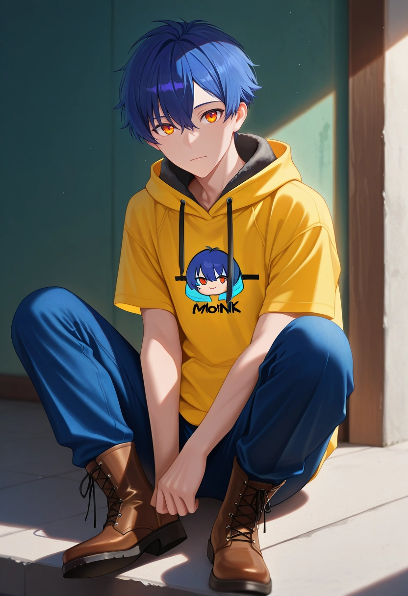 masterpiece, best quality, , (photorealistic:0.6), looking at viewer, 1boy, solo, male focus, <lora:yomogi_asanaka_ilxl:0.96>, yomogi_asanaka, blue hair, orange eyes, short hair, bangs, hair between eyes, , hoodie, , Fleece joggers, Caramel Pocket T-shirt, Monk strap boots, ,