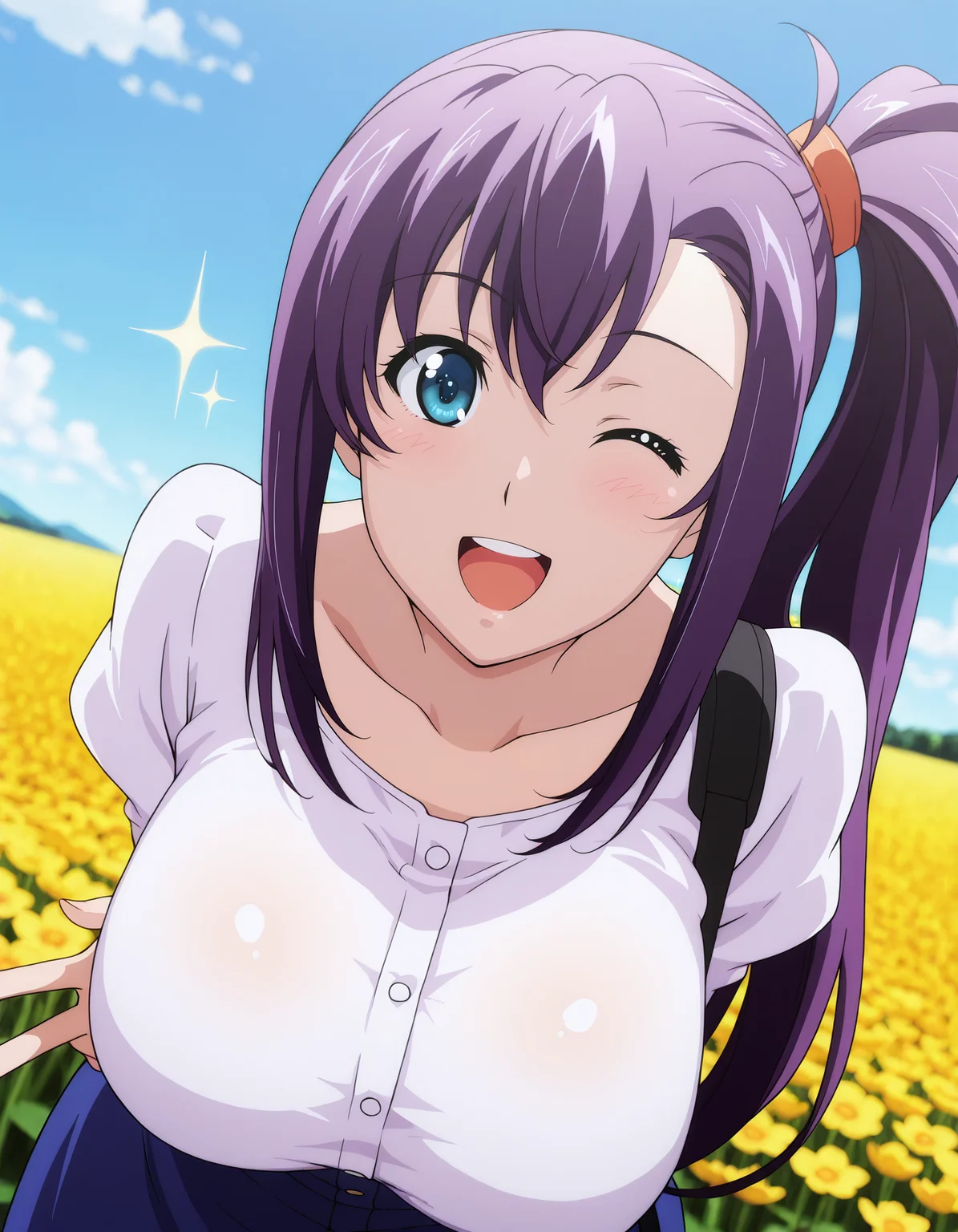 <lora:Haruko_Amaya_v01:1> harukoamaya, blue eyes, purple hair, side ponytail, large breasts,
dutch angle, depth of field, HDR, 8K.
masterpiece,best quality,amazing quality, highest score, 1girl, smile, leaning forward, arms behind back, wink, open mouth, upper teeth only, sparkle, v, hand on own face, field, flowers, blue sky, sunny,