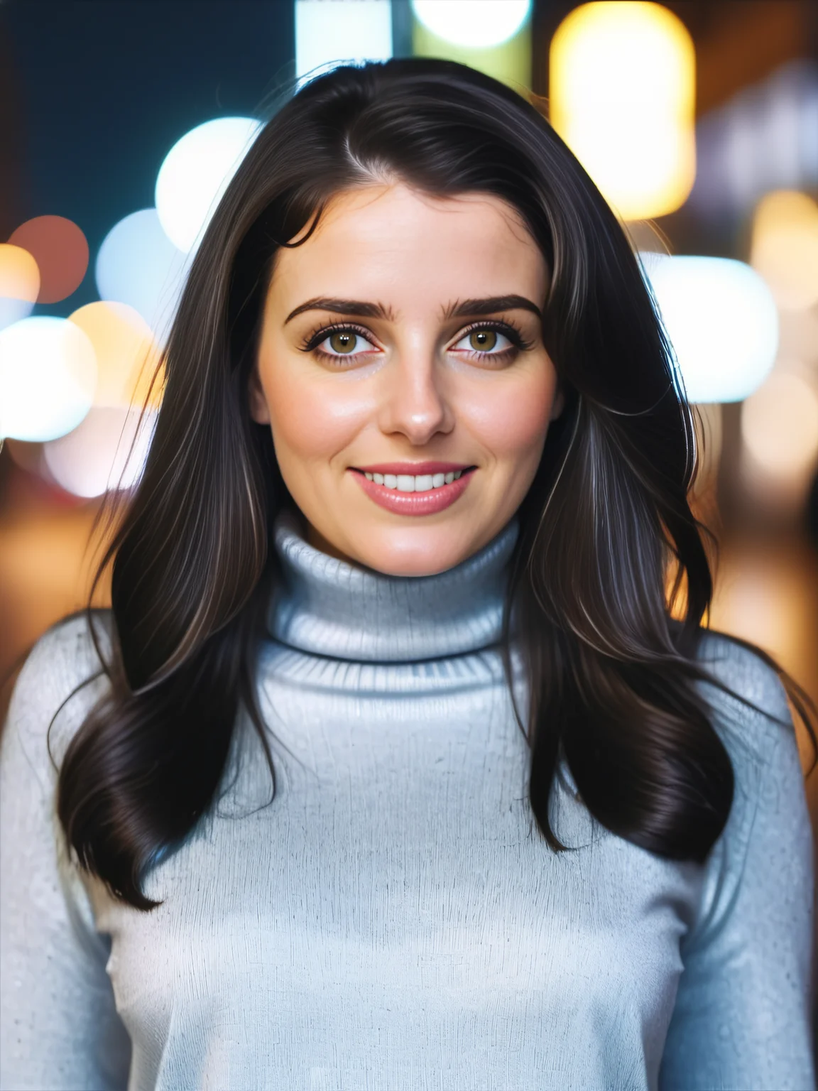 a photo of a pretty 30-year-old woman, desilatte, professional portrait photo,high neck Silver turtleneck sweater, flowing black hair and bangs, smiling, soft lighting, solo, night time, city bokeh lights  <lora:Desi_Coffee_V30_SDXL_LoRA:1>