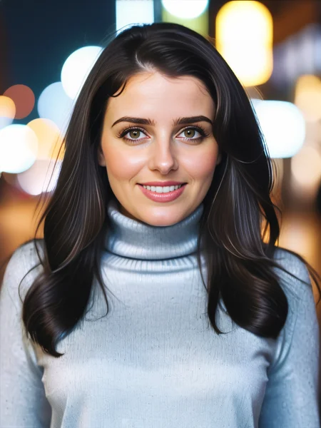 a photo of a pretty 30-year-old woman, desilatte, professional portrait photo,high neck Silver turtleneck sweater, flowing black hair and bangs, smiling, soft lighting, solo, night time, city bokeh lights  <lora:Desi_Coffee_V30_SDXL_LoRA:1>