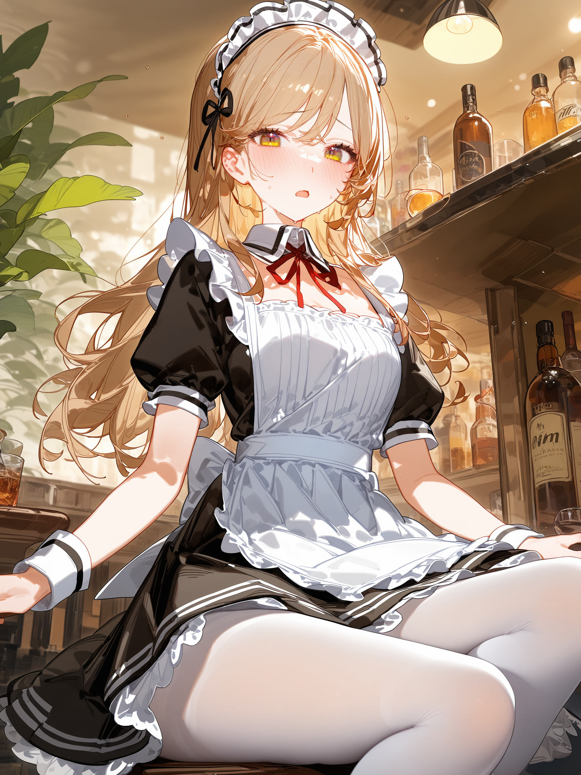 1girl, sena ajisai, solo, maid, maid headdress, maid apron, embarrassed, white pantyhose, open mouth, blush, parted lips, looking at viewer, cowboy shot, bar \(place\), indoors, depth of field <lora:Char-Sena_Ajisai-V1-SDXL:0.9>, illustration, incredibly absurdres, ultra detailed, masterpiece, best quality, perfect features, intricate details, ray tracing, very aesthetic, (hitenkei, askzy:0.4), [<lora:XL-detailed_notrigger:0.95>::0.5], [:<lora:XL-aesthetic_anime:1.2>:0.5]