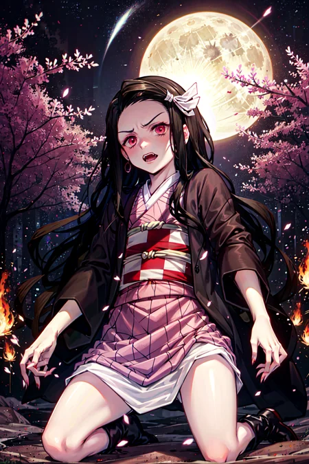 masterpiece, best quality, 1girl, kamado nezuko, demon kimetsu no yaiba, full body, from below, claws, veins, demon girl, kimono, full moon, <lora:nezukolora_:0.8>, veins, fangs, red eyes, anger, claws, backlighting, facing viewer, forest, fire, starry sky, blood, dirt, bruise, anger, crazy eyes,