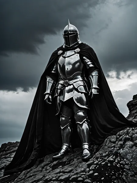 A photograph of a knight in armor, with a cloak made of flowing black goo, standing defiantly on a rocky cliff against a stormy sky, the texture of the cloak resembling liquid obsidian <lora:Black_Goo:0.8> <lora:EnvyBetterHiresFixXL01:0:hr=1>