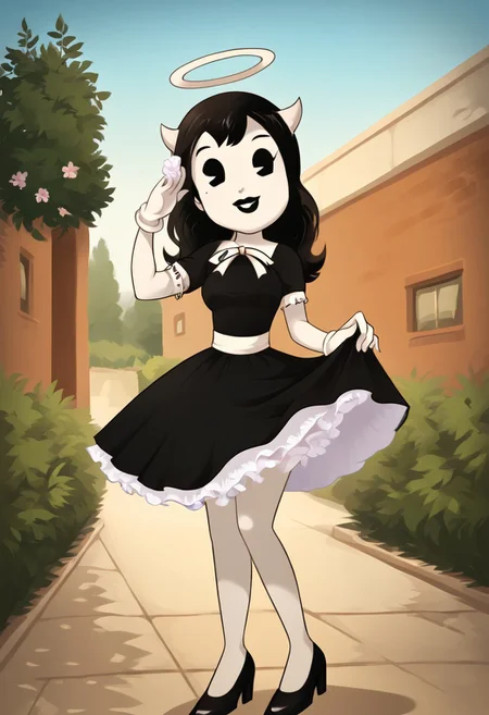 (Masterpiece, best quality:1.2), score_9, score_8_up, flat color, flat shading, soft shading, lighting, Alice Angel in a long 1950's dress, a fluffy frilly ruffled full petticoat, and high heels, dress, layered petticoat, frilly petticoat, fluffy petticoat, full petticoat, wide dress, flowing dress, solid colored skirt, short sleeves, black hair, Bendy and The Ink Machine, series accurate, cute, best high quality, high res, black lips, white colored skin, whole body shot, 1girl, solo, outside, posing, in a garden, cute, adorable, smile, skirt tug, ground level angle, dress lift, cartoon, cartoon style, vector, solo, circle dress, 1950s, alice angel