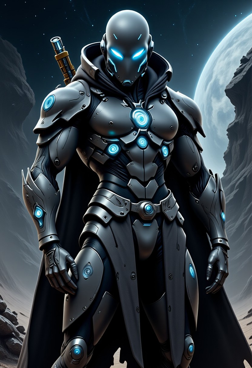 Space Ranger, Futuristic Tactical Armor, High-Tech Bow, Weathered Cloak, Starry Sky, Alien Landscape, Ancient Ruins, Distant Planets, Glowing Tech Symbols, Demon Hunter, Shadowy Creatures, Cosmic Backdrop, Focused, Expression, Battle-Hardened, Mysterious Atmosphere, Starship Cockpit, Asteroid Field