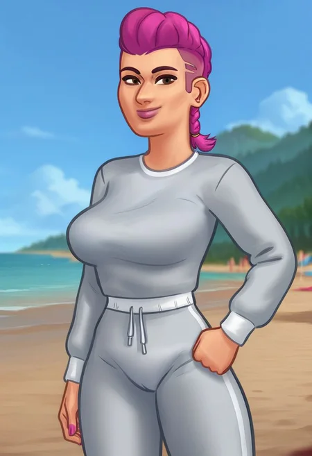 score_9, score_8_up, score_7_up, score_6_up, score_5_up, score_4_up, ((low depth of field)), <lora:SummertimeSagaXL_Pony:0.4>, (Drawn in the style of summertime saga), (beautiful landscape),
BREAK
<lora:stsBridget-10e:0.7>, stsbridget standing on beach, 1girl, medium breasts, brown eyes, pink hair, single braid, pink nails, grey sweatshirt, long sleeves, grey sweatpants, looking at viewer, smile, hand on hip