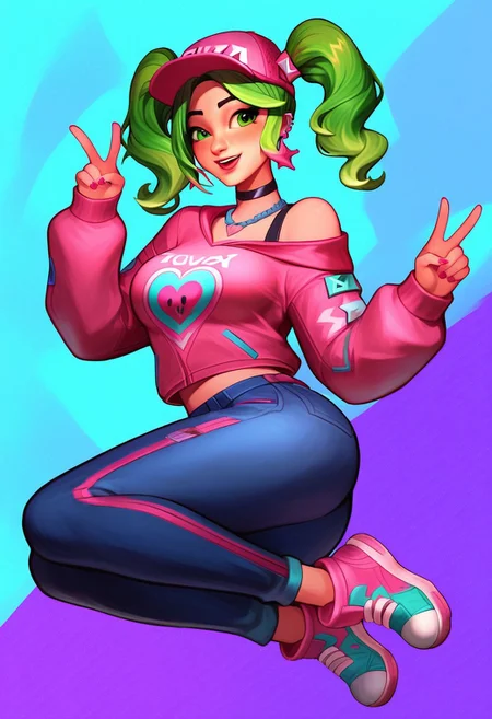 score_9, score_8_up, score_7_up, score_6_up, score_5_up, score_4_up, source_anime, zoey from Fortnite, Zoey, Twintails, pink shoulderless hoodie, pink cap, green hair, neon green twintails, zoey \(fortnite\), <lora:Zoey:0.45>, eyes looking viewer, extremely luminous bright design, extremely pastel colors, (night futuristic utopic disco background:1.4), pastel colors, dancing upbeat, smile, full neon lights dance suit, full body, high quality, highres, 1girl,