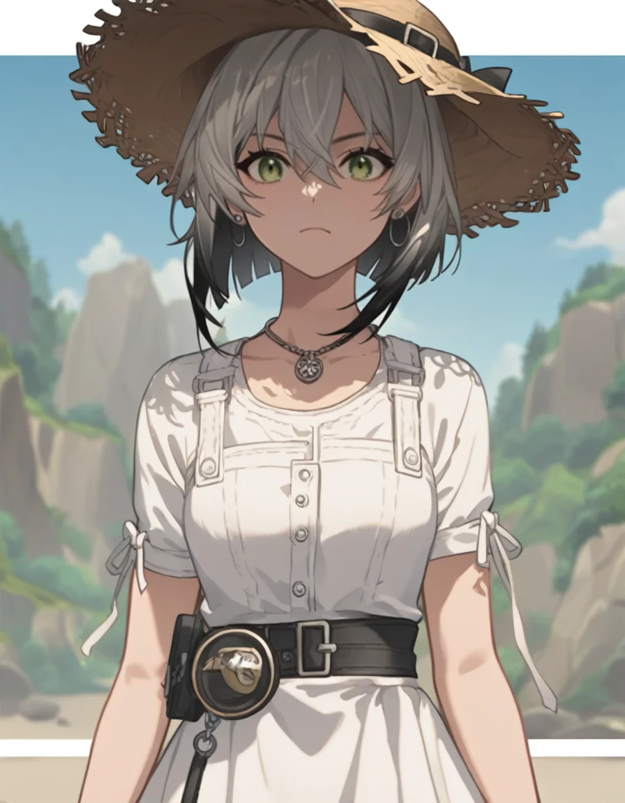 score_9,score_8_up,score_7_up,source_anime,sundress,straw hat,
yubing,1girl,solo,green eyes,multicolored hair,grey hair,black hair,hair between eyes,gradient hair,short hair,<lora:yubing_pony2:0.6>,anime screencap,<lora:Anime_Screencap:1>,magazine cover,