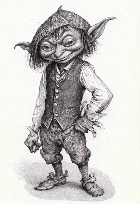 A detailed graphite illustration of a goblin with a quirky and playful appearance. The goblin has a large head with exaggerated features, such as one large and one small eye, pointy ears, and a long nose. It stands upright dressed in a torn waistcoat. The background is a simple white, emphasizing the character's details. The illustration style is light-hearted and cartoonish. <lora:Froud-000006:1>, <lora:Perfect Hands:0.8>
