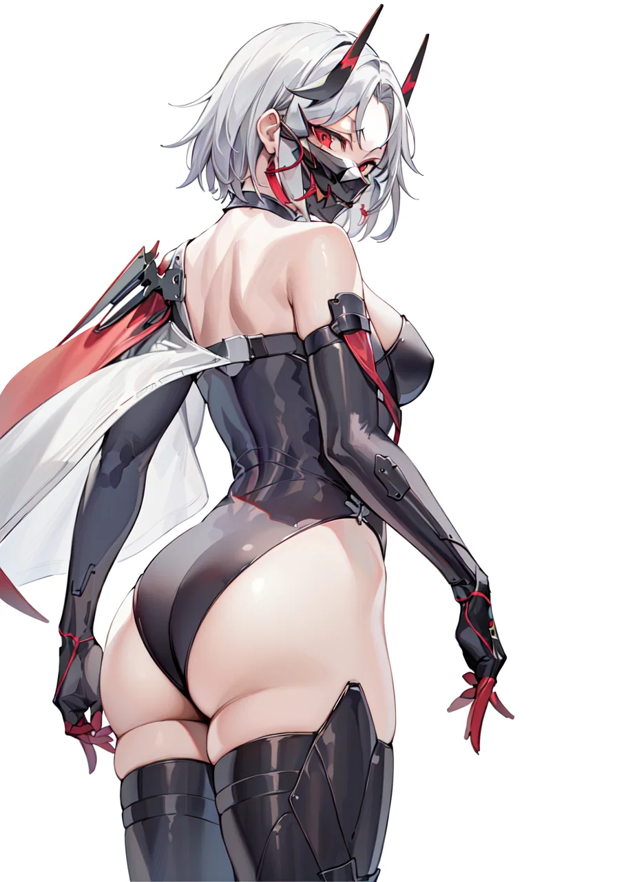 ((((masterpiece, best quality, high resolution)))),
OrigFullArm, full armed, 1girl, solo, thighhighs, ass, leotard, white background, simple background, from behind, from below, grey hair, horns, black thighhighs, skindentation, ahoge, mask, mask on,
<lora:NikkeDrake:0.7>