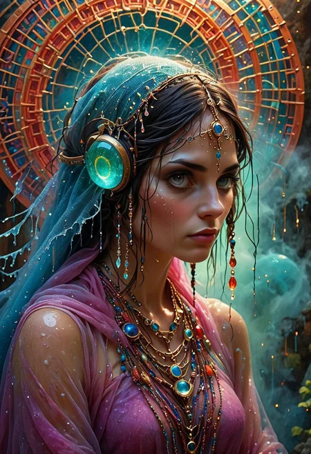 woman contemplating, small scale. more vibrant colors, clear loom, their peaks veiled in mist.precious stones,  intricate details, natural lighting, volumetric the headset, immersive-inspired art deco, The composition includes overlapping circles,  Splash art, a quirky liquid portrait of a hauntingly beautiful ghost