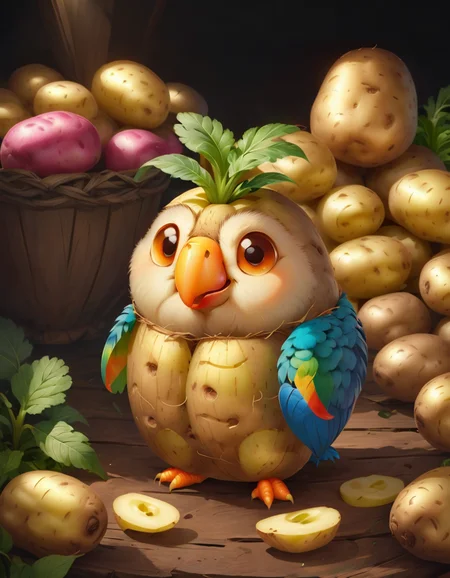 <lora:FoodPets:1> Foodpets very cute appealing anthropomorphic potato parrot, looking at the viewer, macro, cinematic lighting, fantasy art, dynamic composition, epic realistic, award winning illustration