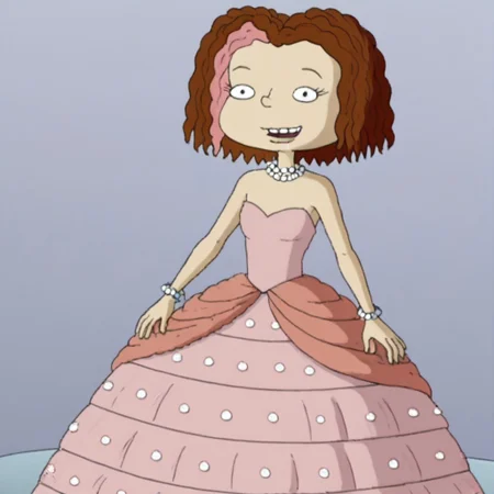 1girl, solo, short hair, brown hair, two-tone hair, pink hair, black eyes, Very long large straight tulle pink princess ball gown hoop skirt, ball gown hoop skirt, pink princess dress, white pearl necklace, hoopdress, my big princess gypsy wedding dress, ballgown, a girl in a dress posing like a princess for a picture, wearing a sleeveless ballgown, looking at viewer