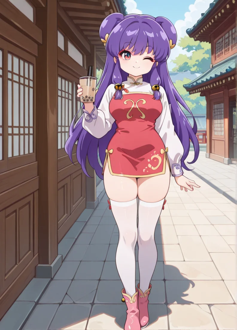 masterpiece, best quality, amazing quality, very aesthetic, absurdres, newest, detailed background, 4k, 8k,
shampooxd, 1girl, thighhighs, one eye closed, purple hair, bubble tea, solo, double bun, hair bun, long hair, full body, smile, chinese clothes, white thighhighs, bell, holding, looking at viewer, pink footwear, hair ornament, boots, zettai ryouiki, standing,
medium breasts, <lora:Shampoo_-_Ranma_12_Remake_Illustrious:1>
