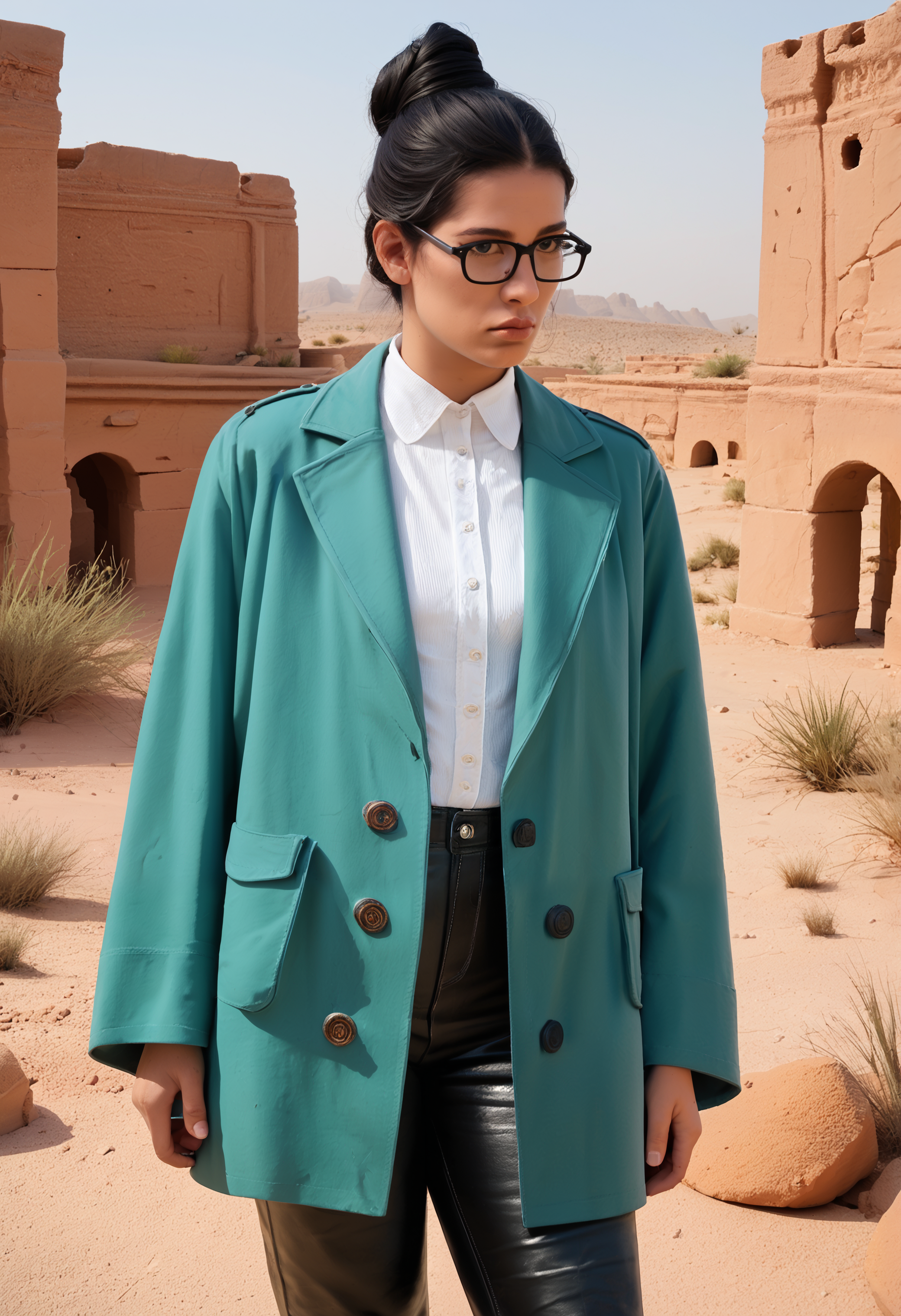 (zPDXL3) photo of a mexican woman with black hair, updo, black rim glasses, teal coat, pancho, leather pants, outdoors, desert ruins, broken columns and arches
