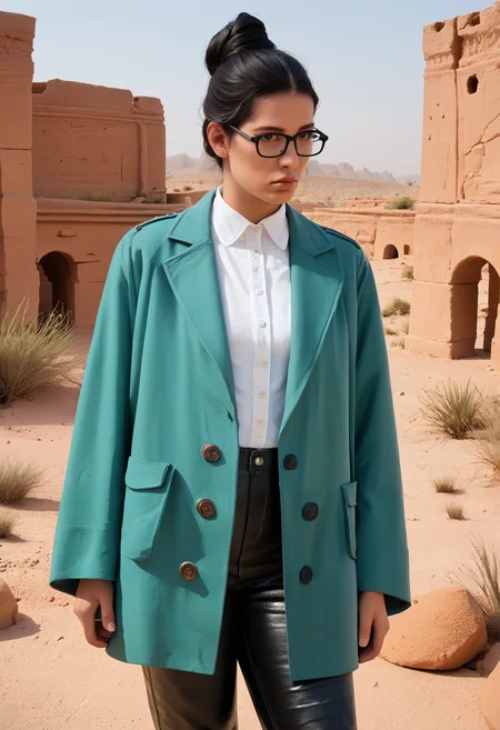 (zPDXL3) photo of a mexican woman with black hair, updo, black rim glasses, teal coat, pancho, leather pants, outdoors, desert ruins, broken columns and arches