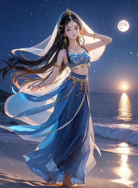 shiny skin best quality, masterpiece, 1girl, solo, long hair, black hair, jewelry, dancing on the beach, earing, bowhair, china goddess, veil, moonlight, night, fire, dark themes, barefoot, sky, moon, beach, ocean masterpiece,32k,extremely detailed CG unity 8k wallpaper, best quality,
<lora:sdxl_chinagoddess:0.65>