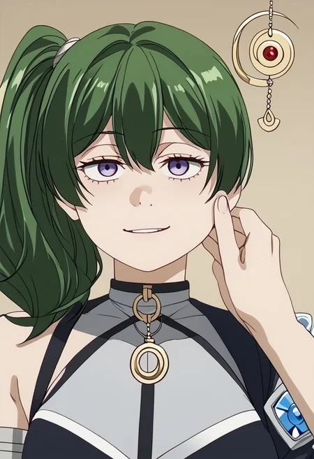 Ubel being hypnotized,
score_9, source anime, lewd, 1girl,
mind control, hypnotized, blank stare, half lidded eyes, expressionless, slack jaw, (hypnotic pendulum in face), drooling, small smile, empty eyes, no pupils,
cheek pinching, pov hands, ((pov holding pendulum)), coin on a string,
ubel, green hair, bangs, hair between eyes, side ponytail, purple eyes,